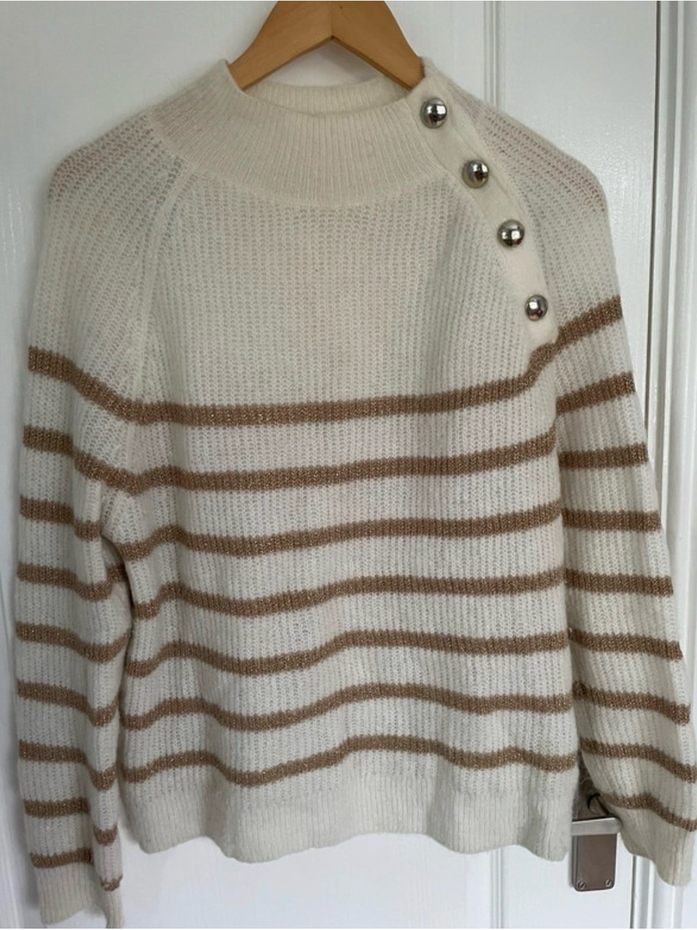 Sezane Maille Cream & Tan Striped Button-Shoulder Sweater